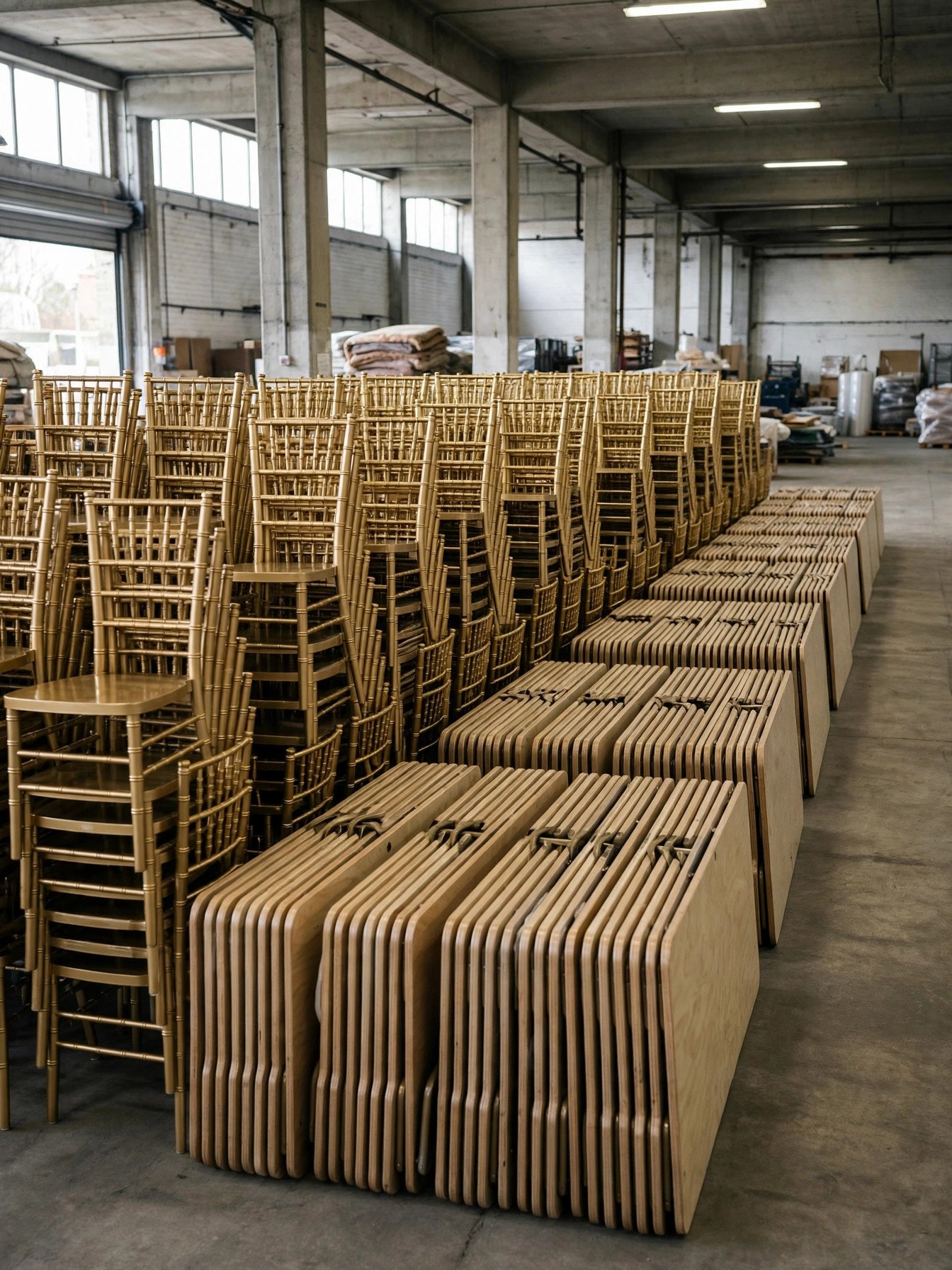 Stacks of gold chiavari wedding chairs and folded banquet tables in a rental warehouse