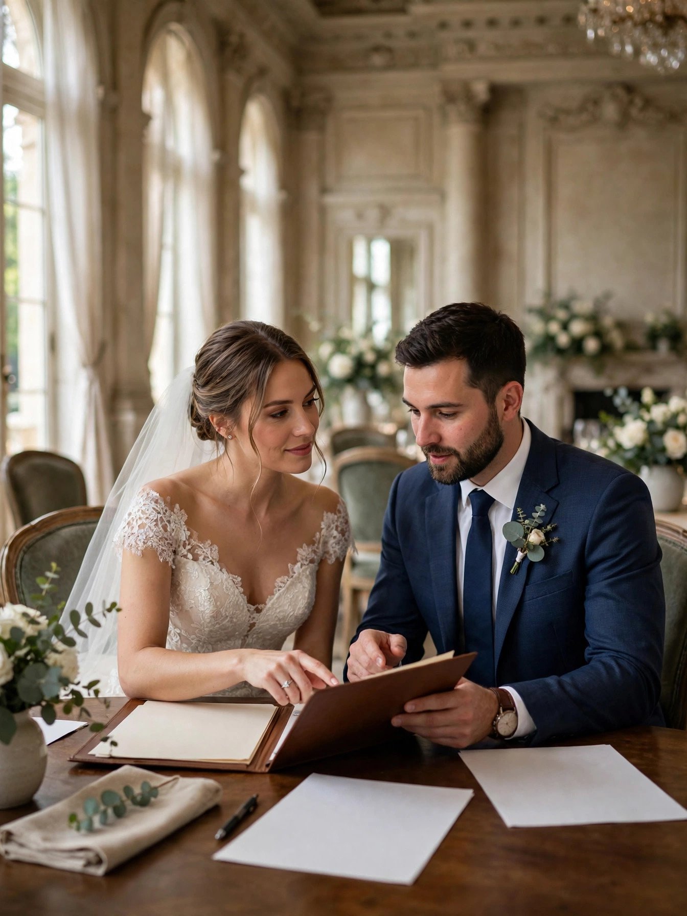 Wedding couple in elegant attire reviewing an emergency planning folder and budget documents in a grand reception hall