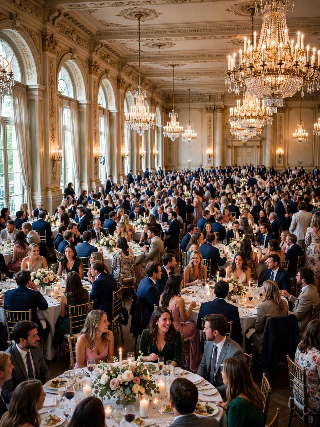 Massive grand wedding reception ballroom filled with hundreds of guests at banquet tables