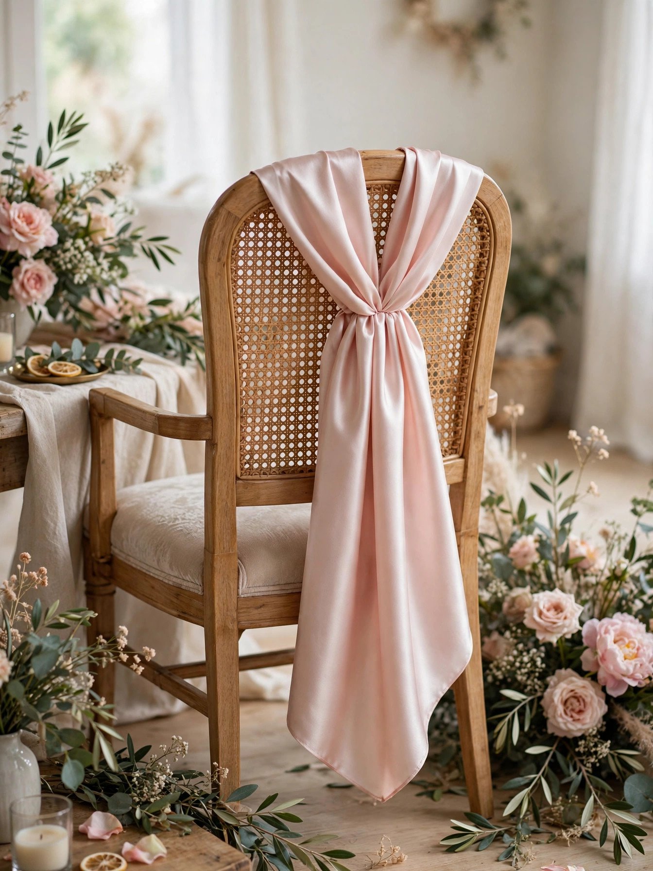 Elegant chair decorated with a satin bride sash at a bridal shower
