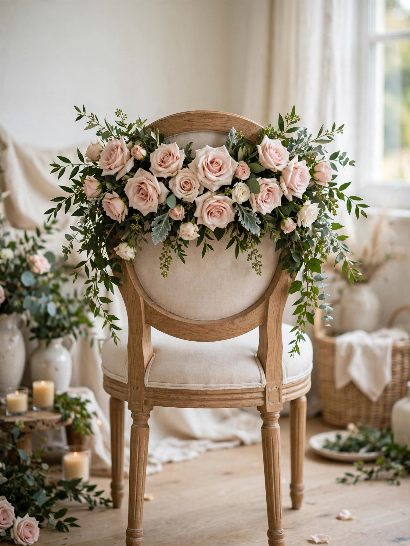 Chair back decorated with a lush floral swag of blush roses