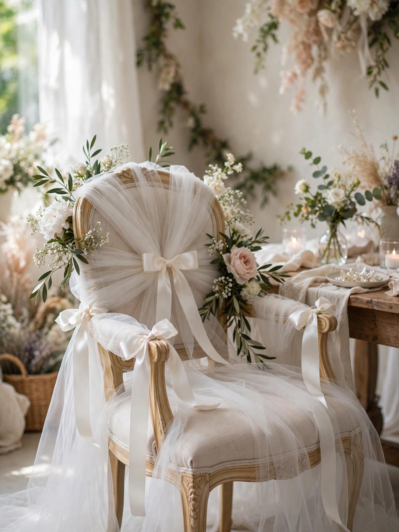 Chair wrapped in white tulle and satin ribbons at a bridal shower