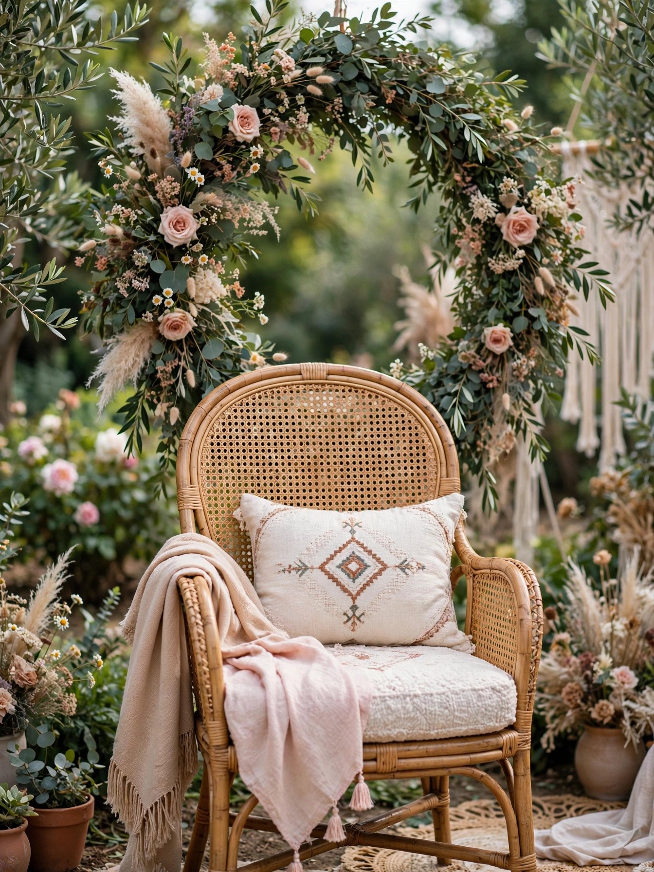 Bridal shower chair with a greenery hoop wreath behind it