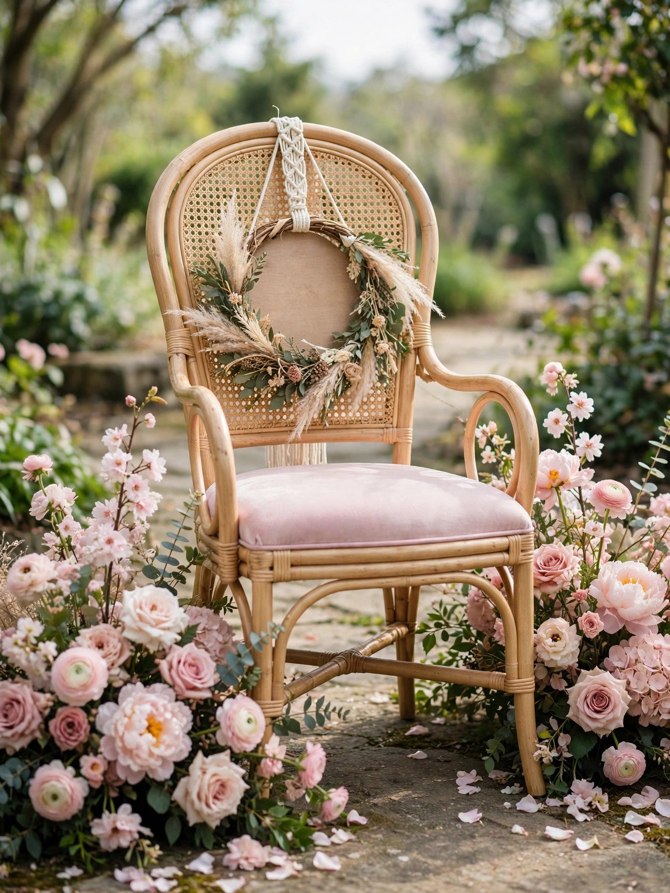 Bridal shower chair with a decorative hanging sign on the backrest
