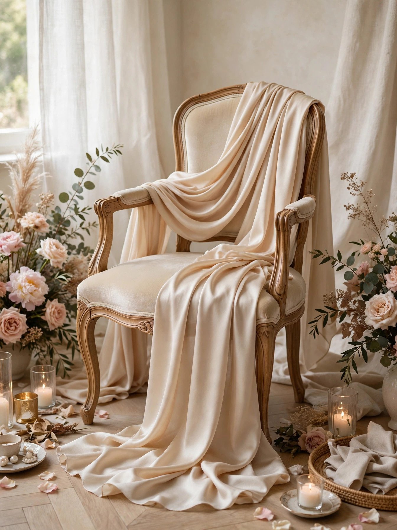 Elegant chair with flowing champagne fabric drapes at a bridal shower