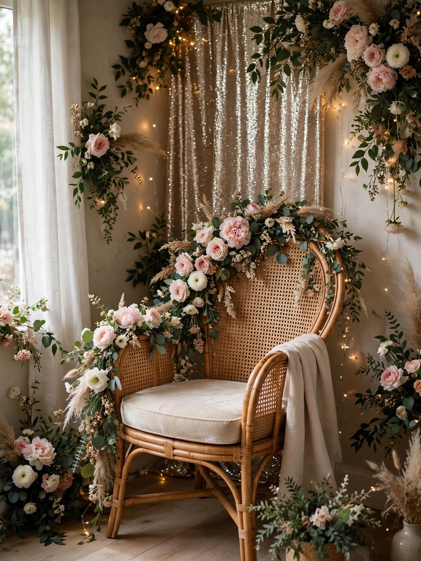 Decorated bridal shower chair in a photo backdrop corner with flowers and fairy lights