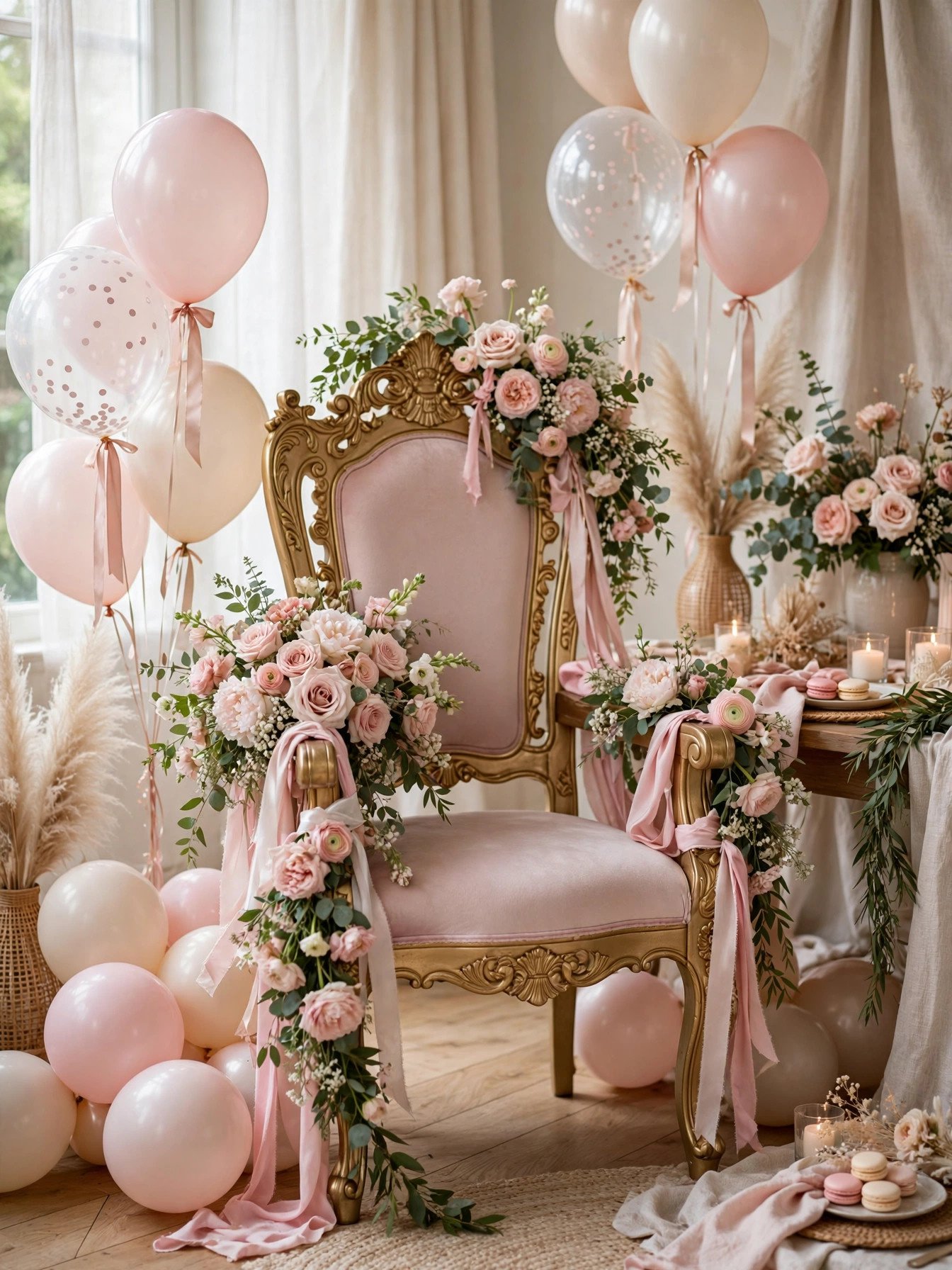 Beautifully decorated bridal shower chair throne with blush flowers and balloons
