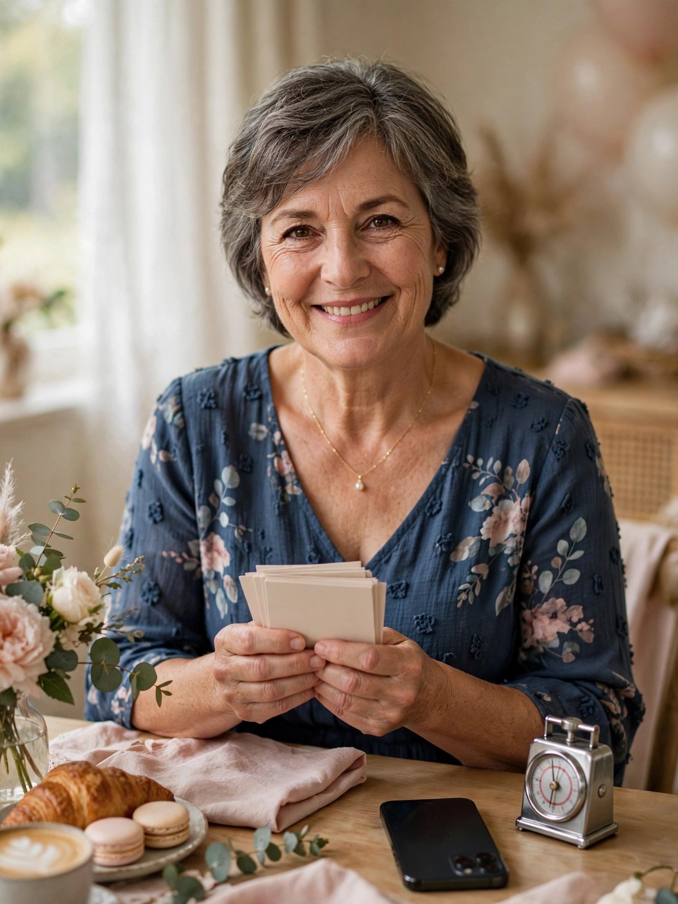 Mother of the bride holding small index cards with her short speech