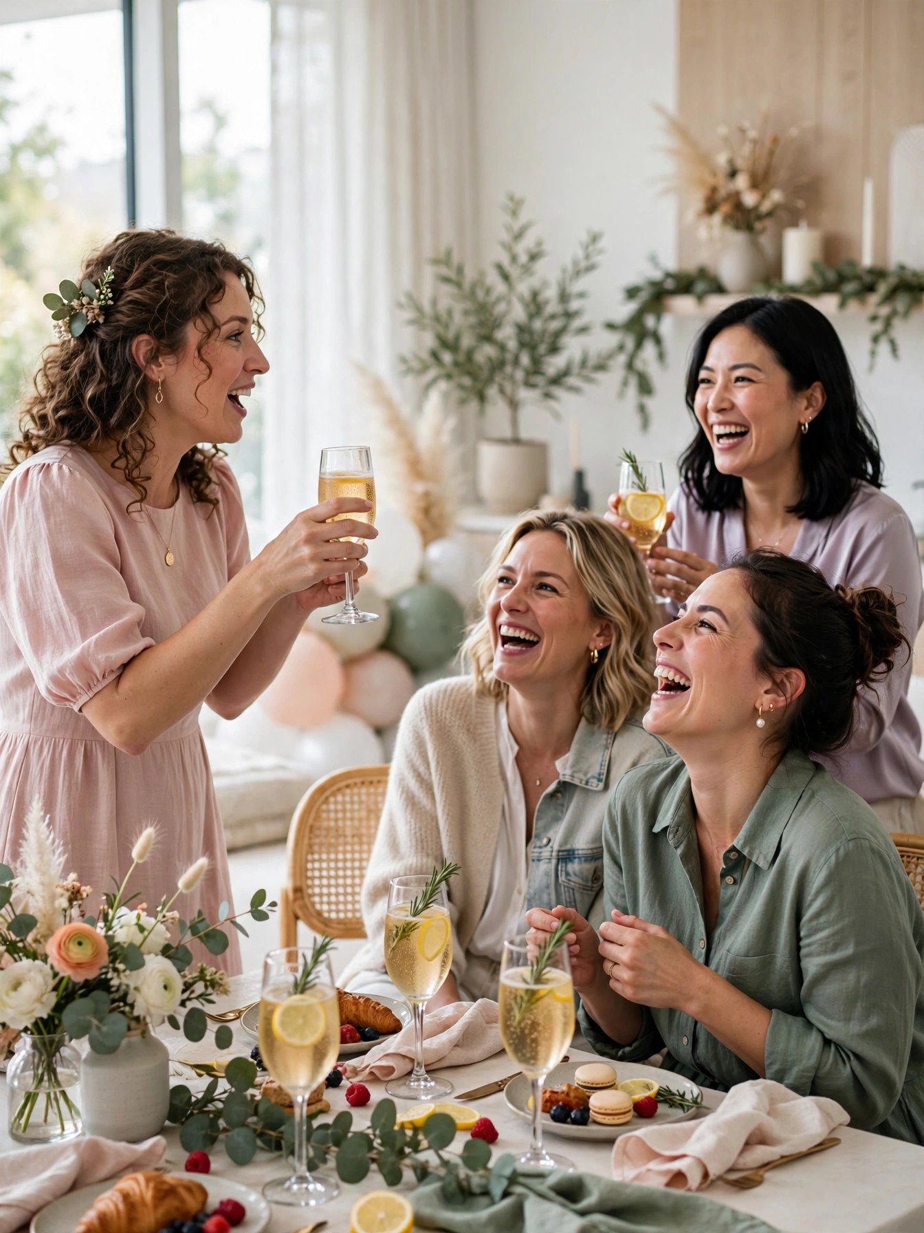 Bridal shower guests laughing joyfully during a toast speech