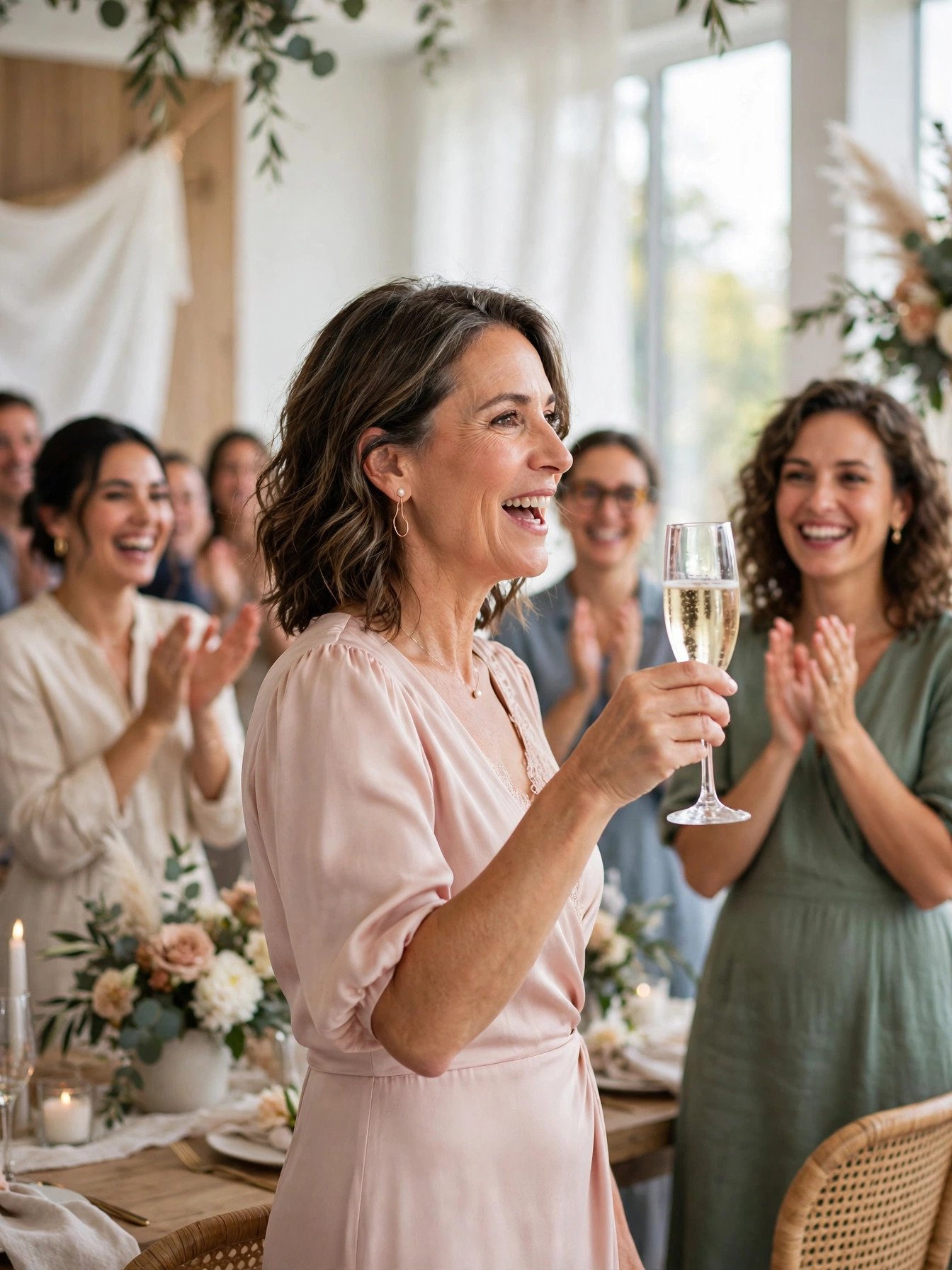 Confident mother of the bride giving a short cheerful toast at a modern bridal shower