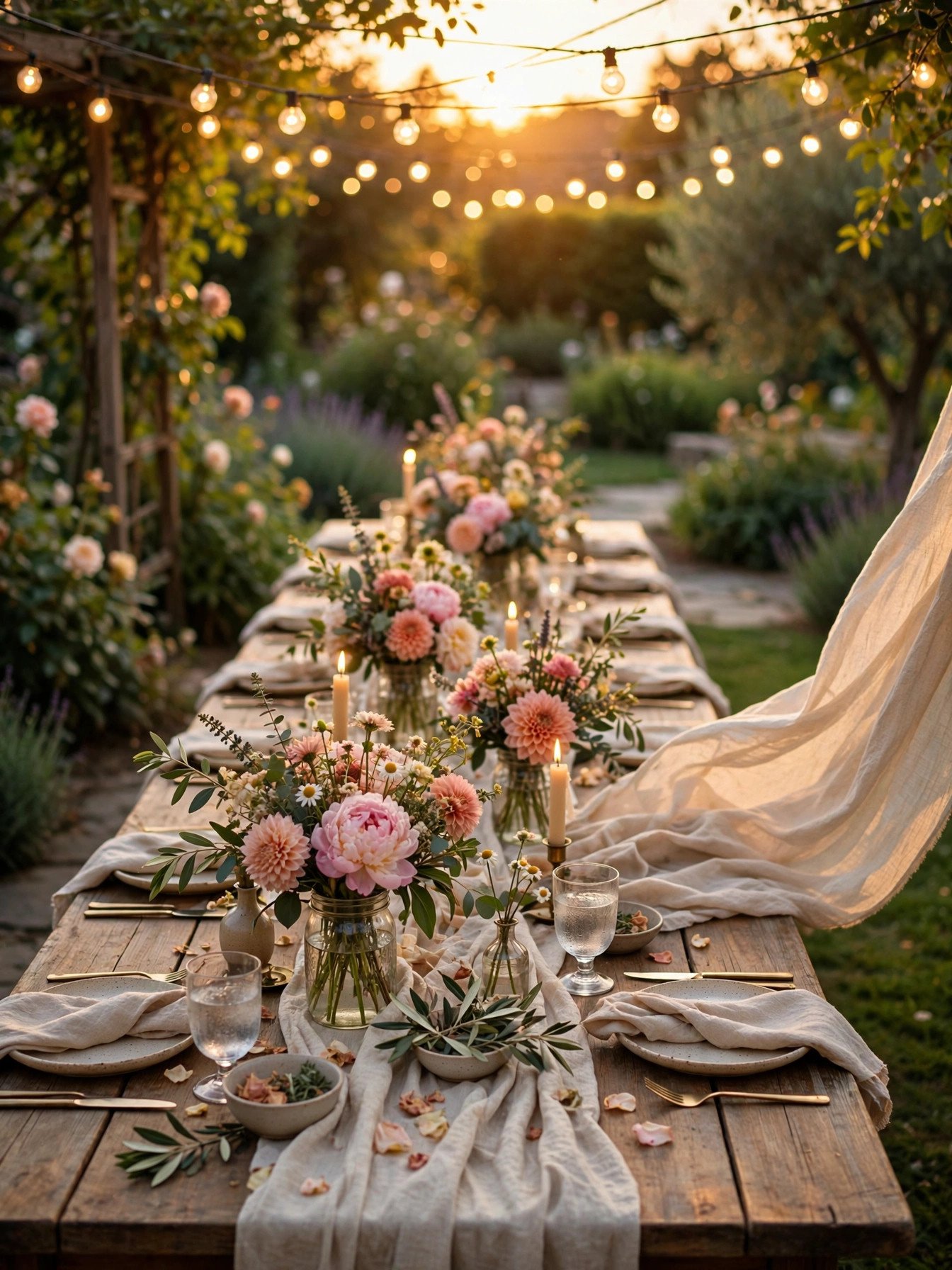 Golden-hour garden bridal shower with long wooden table, flowers and string lights