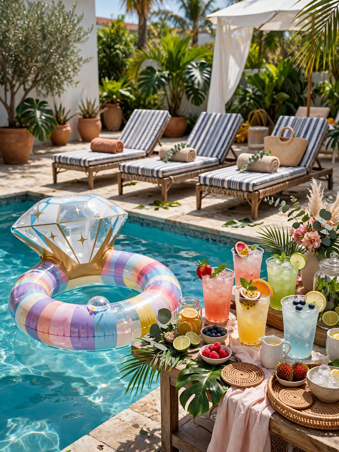 Chic poolside bridal shower with colorful inflatables, lounge chairs and tropical drinks
