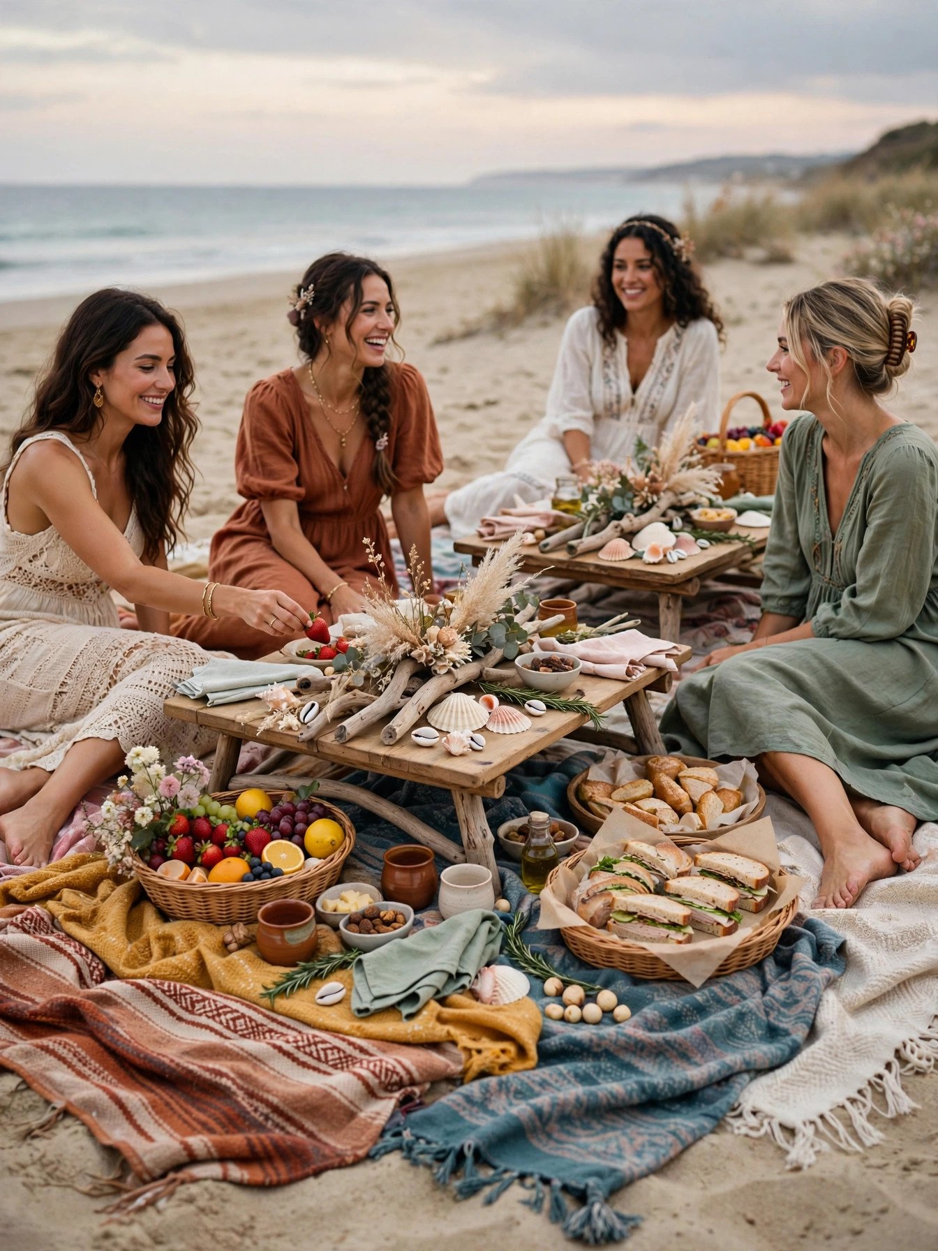 Beach bridal shower picnic with colorful blankets, low tables and ocean view