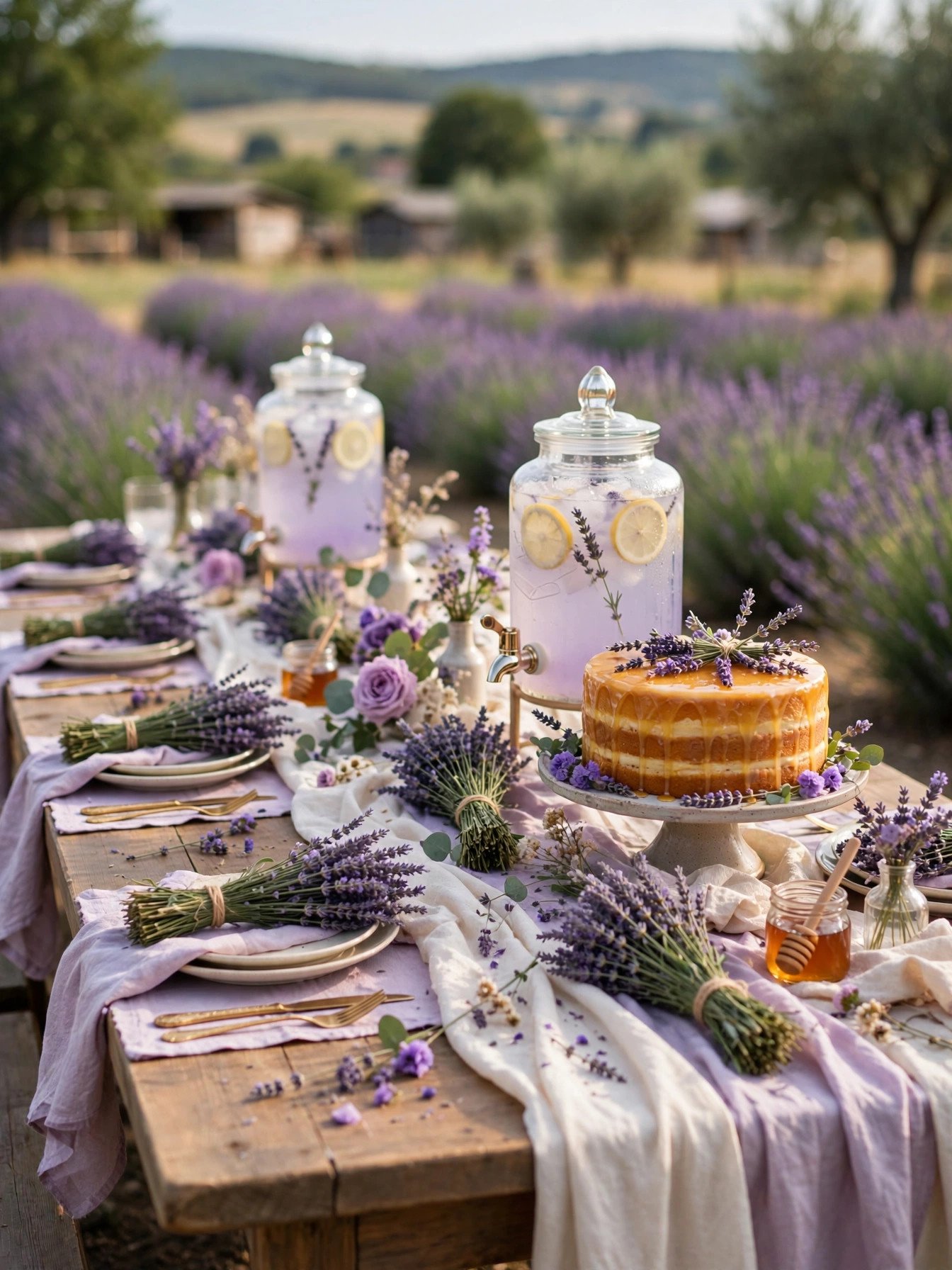 Lavender farm bridal shower with purple blooms, elegant table and countryside views