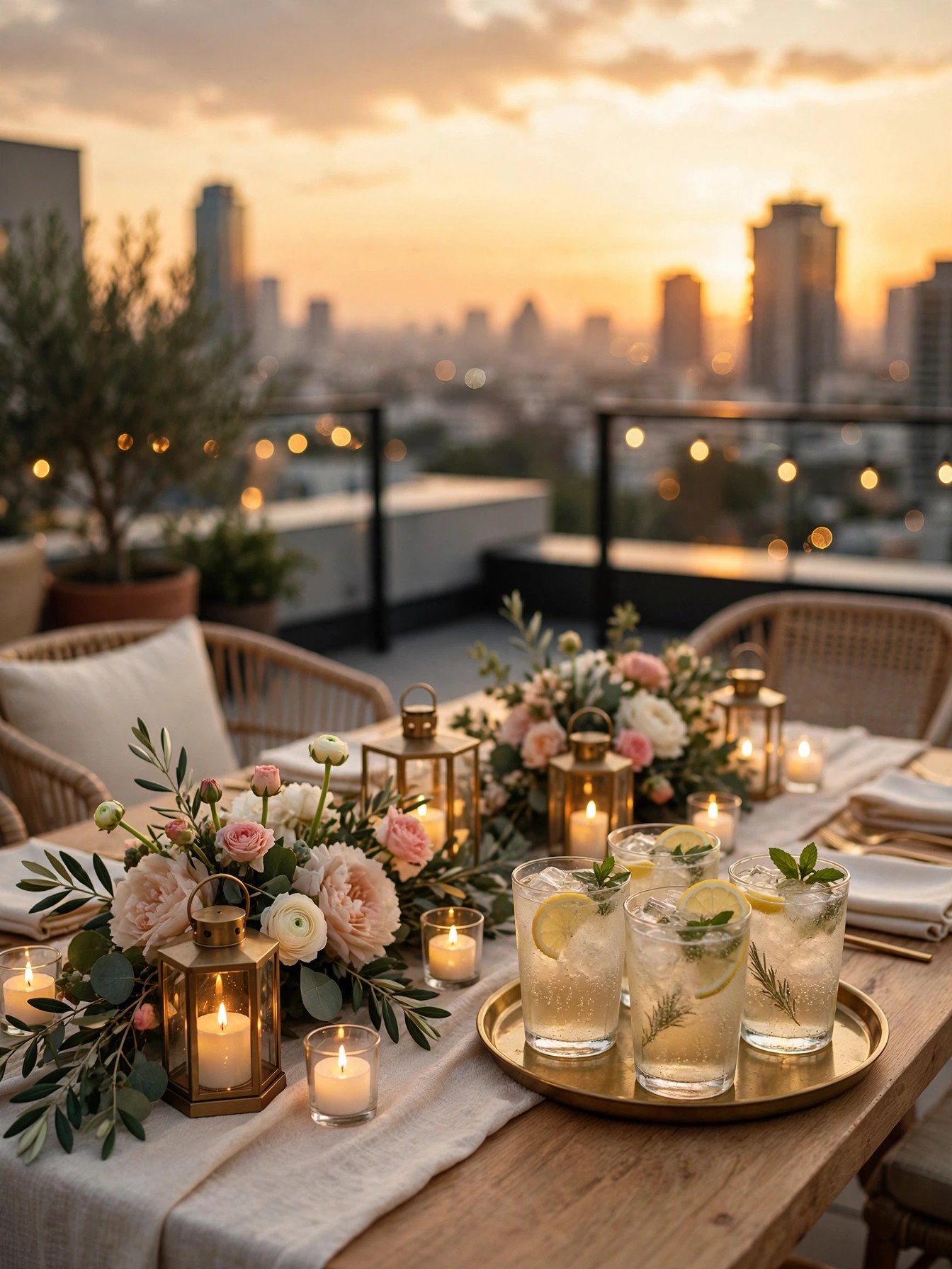Rooftop bridal shower at sunset with city skyline, candles and elegant drinks