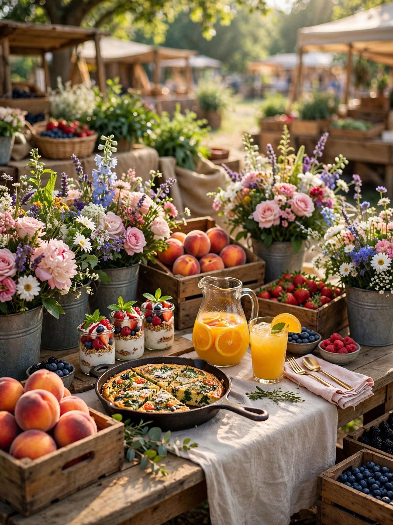 Farmer's market style bridal shower brunch with fresh produce, flowers and rustic table