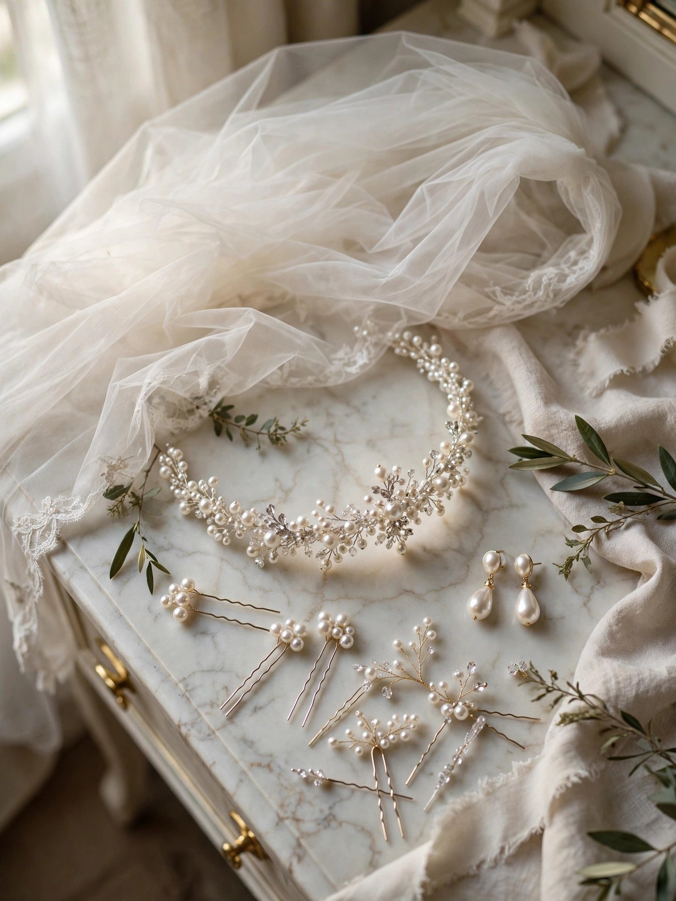 Bridal veil and hair accessories arranged on vanity before wedding