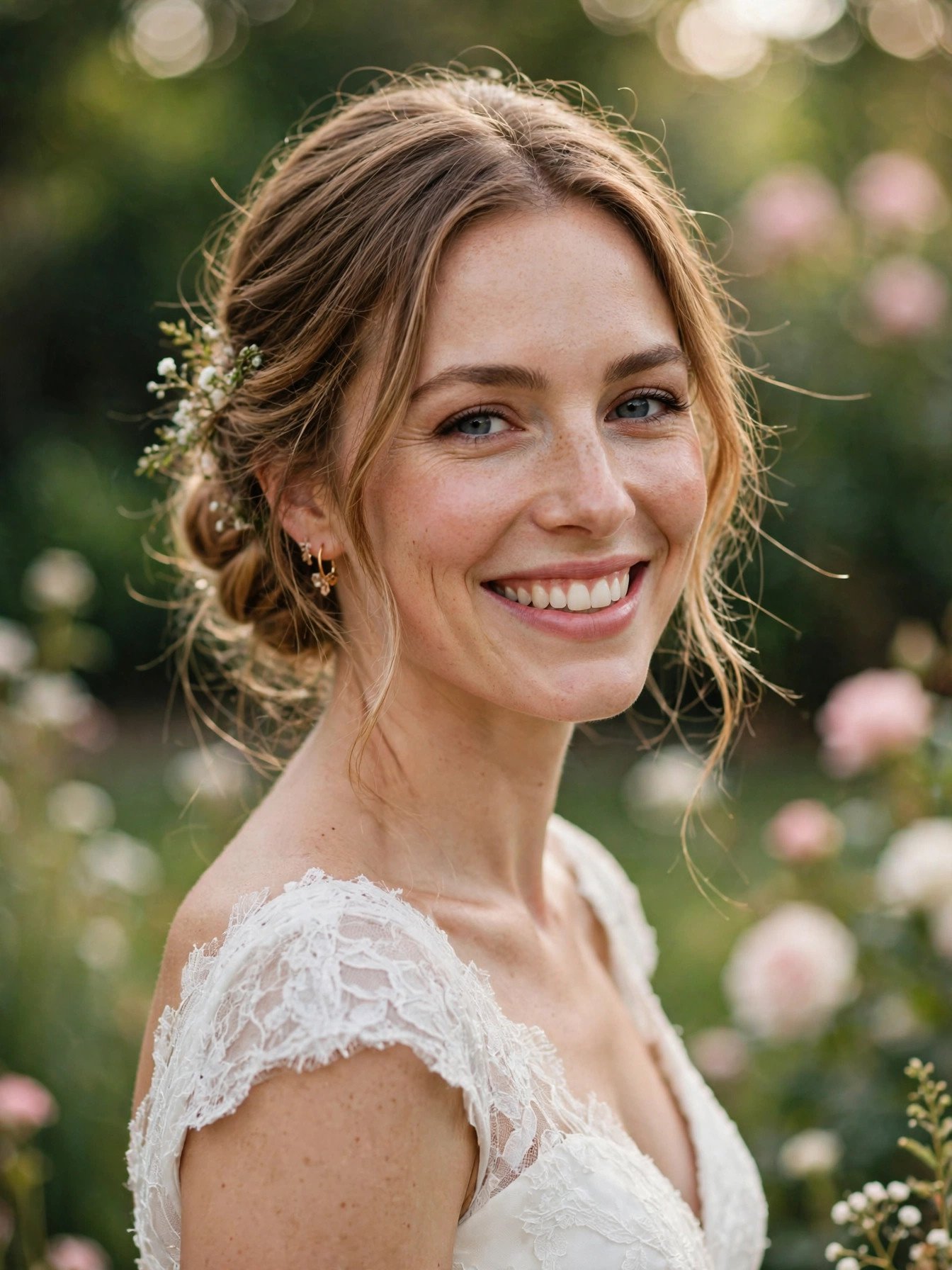 Bride with natural elegant wedding hairstyle looking like herself
