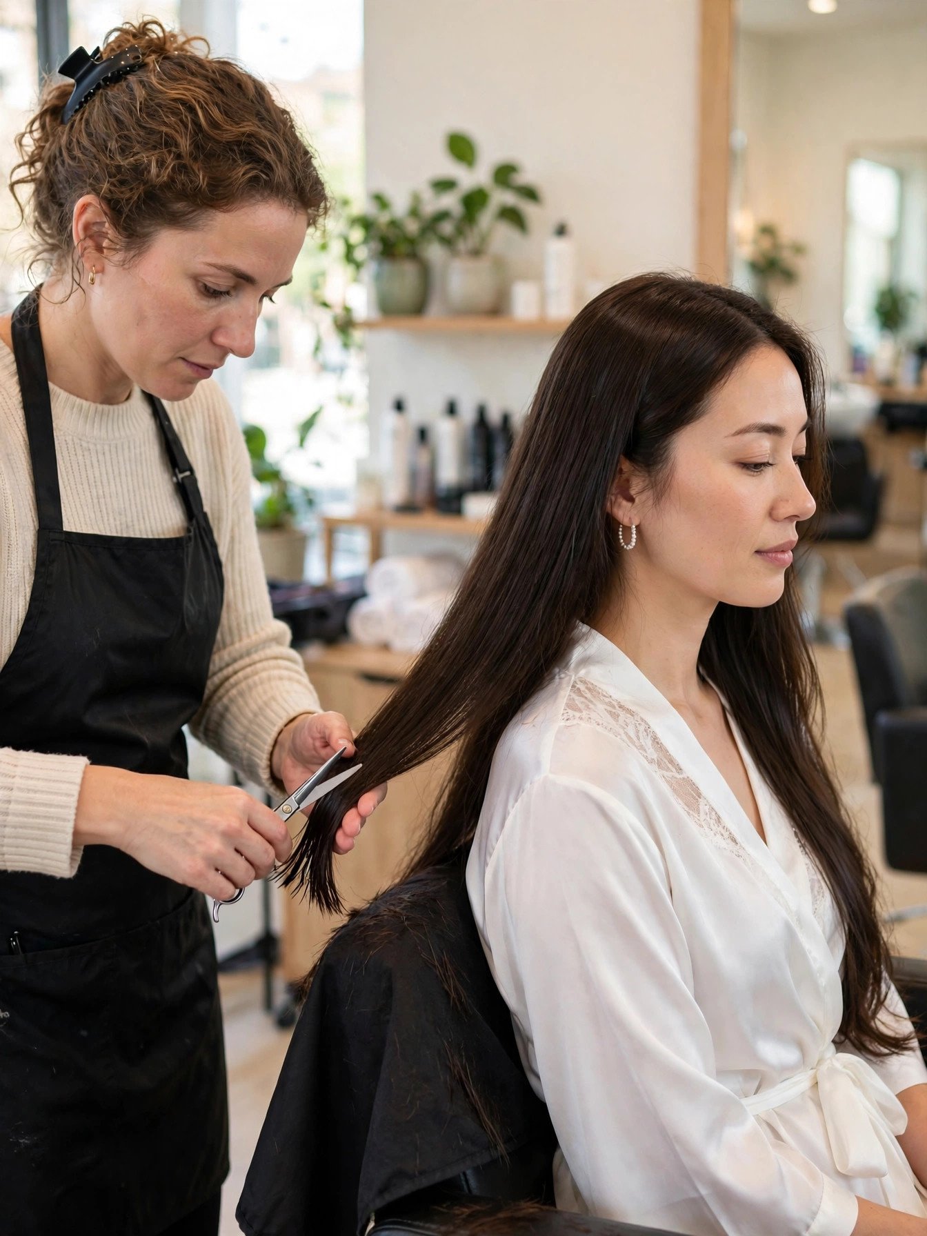 Stylist trimming bride's healthy hair ends in salon months before wedding