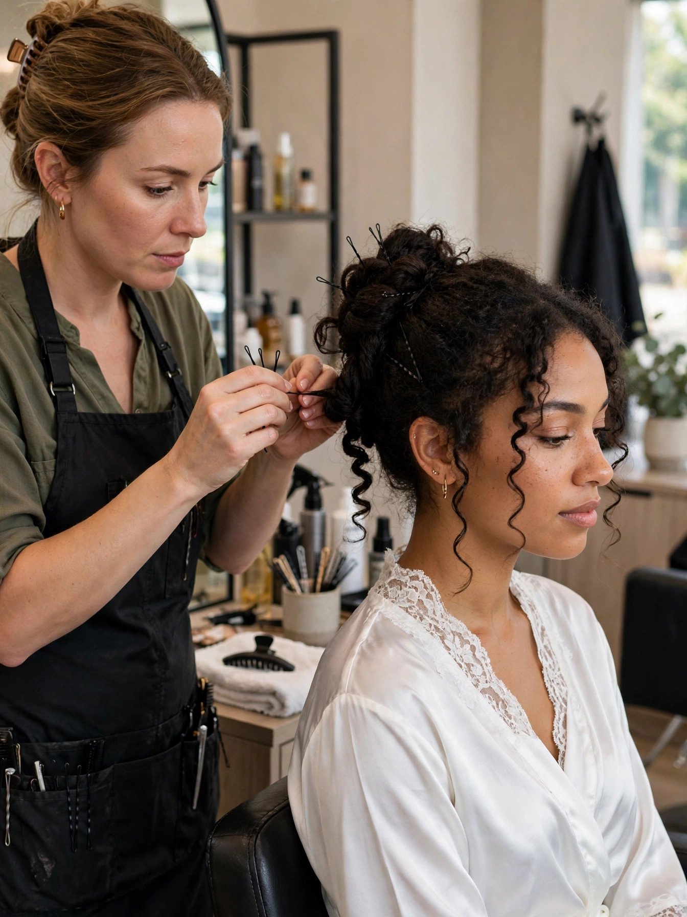 Bride with day-old textured hair being styled into bridal updo