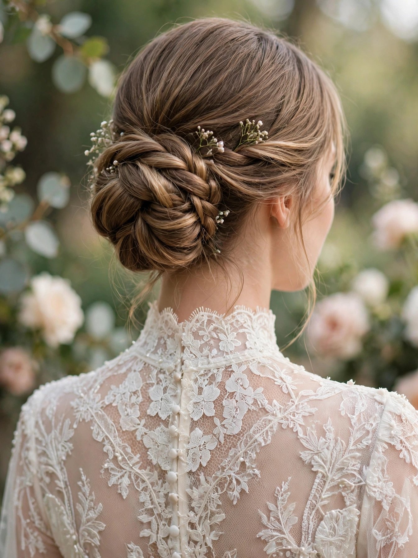 Bride with updo showcasing detailed lace wedding dress neckline