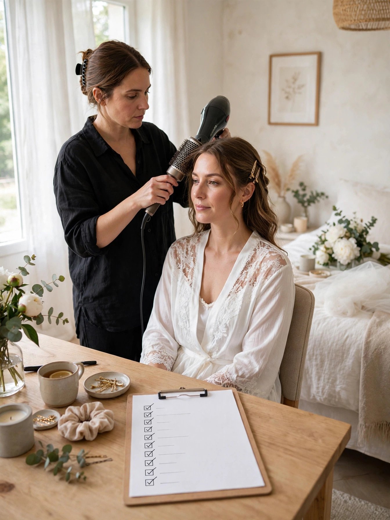Calm wedding morning timeline with bride getting hair done on schedule