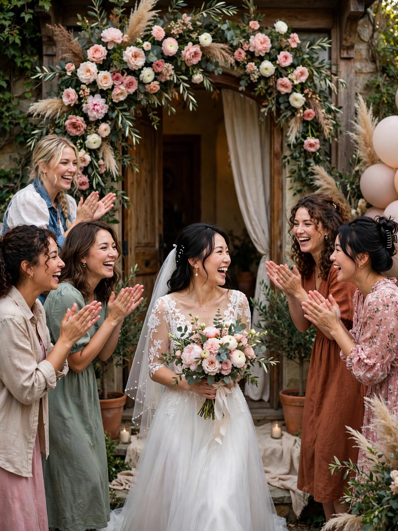 Bride arriving to decorated bridal shower entrance with cheering friends