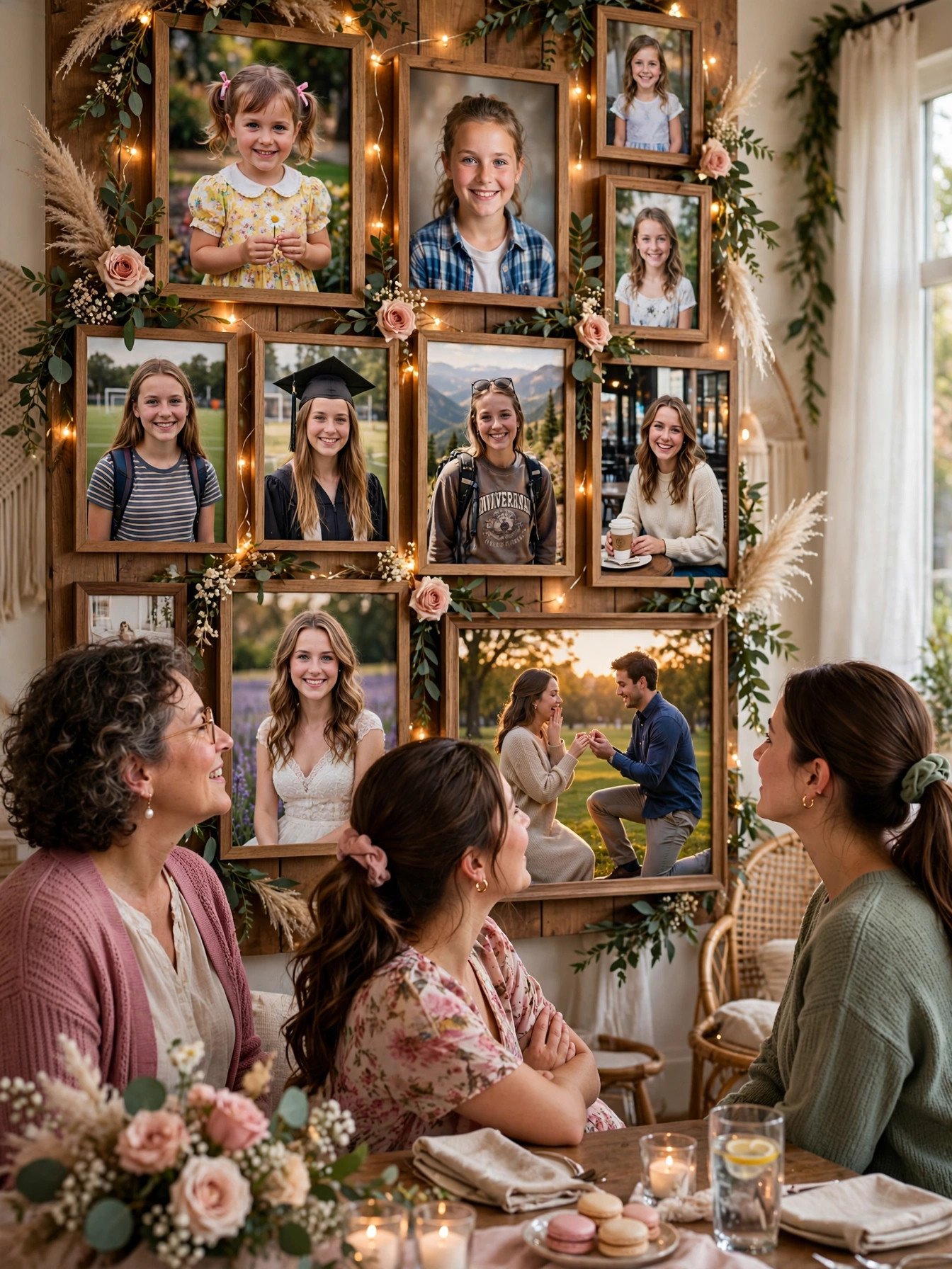 Memory lane photo display at bridal shower with pictures through the years