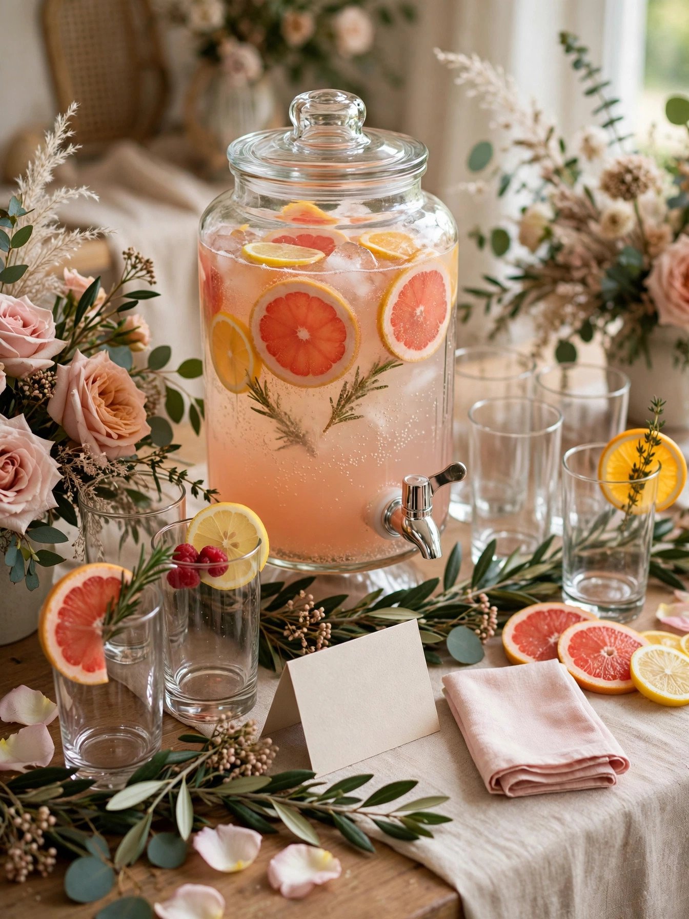Signature mocktail drinks at bridal shower with fruit garnishes