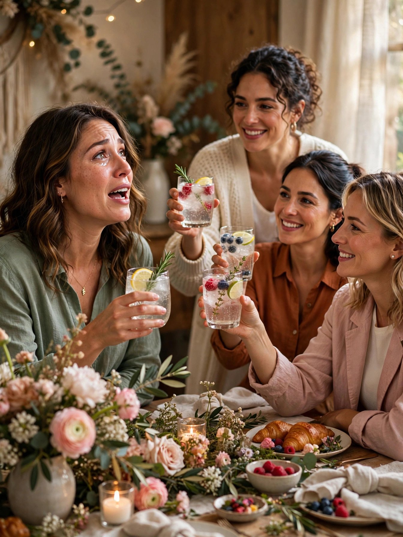 Heartfelt toast at bridal shower with guests raising glasses