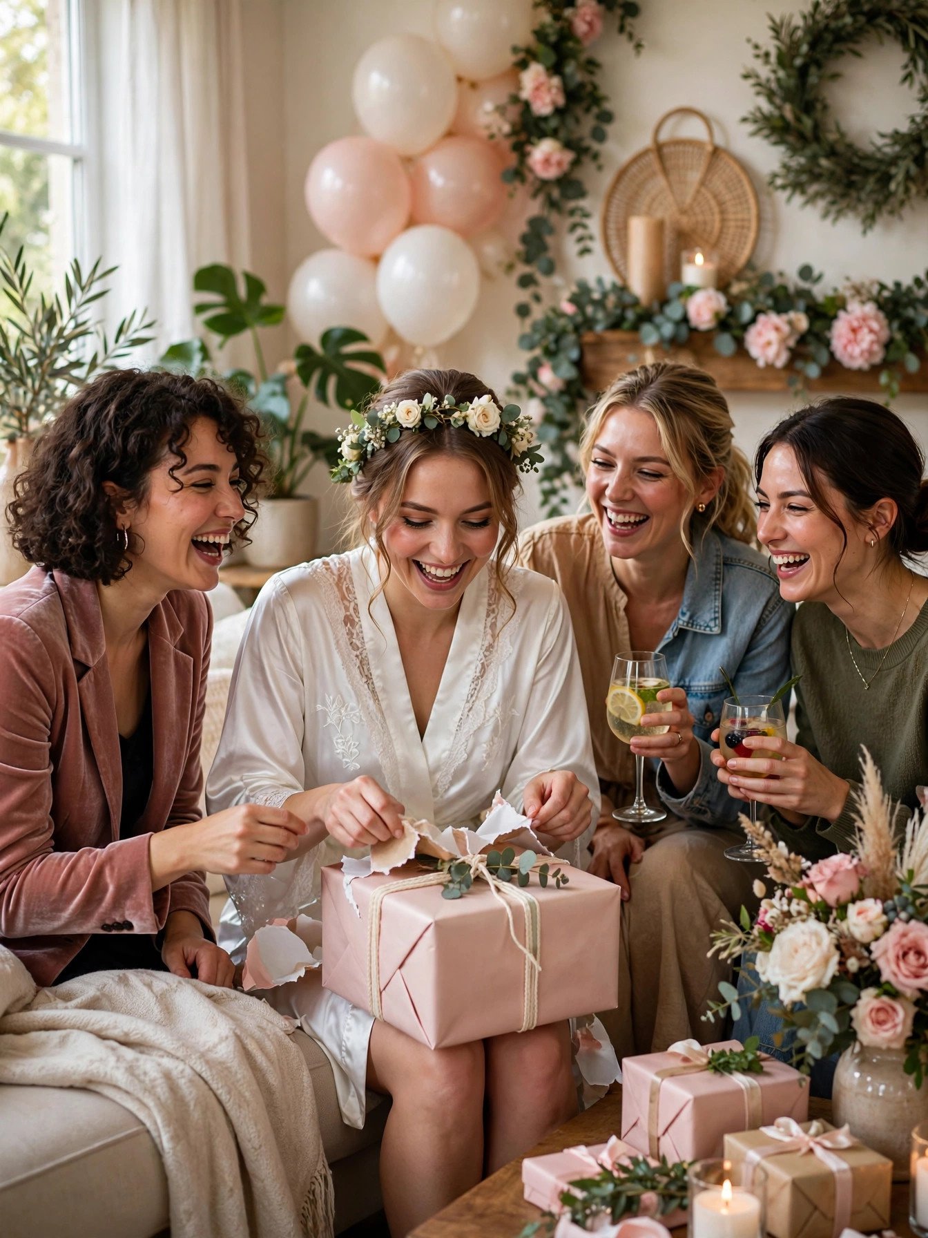 Bride opening gifts at shower with engaged guests watching and laughing