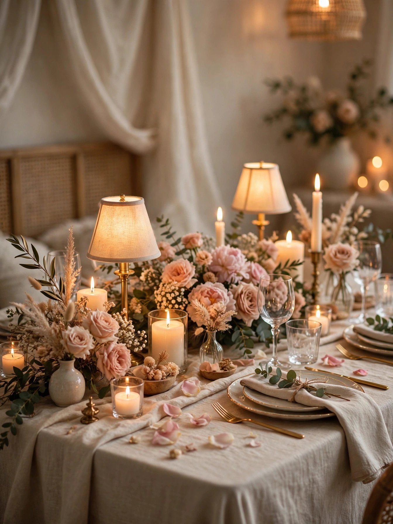 Beautifully styled bridal shower table with candles, flowers and soft lighting