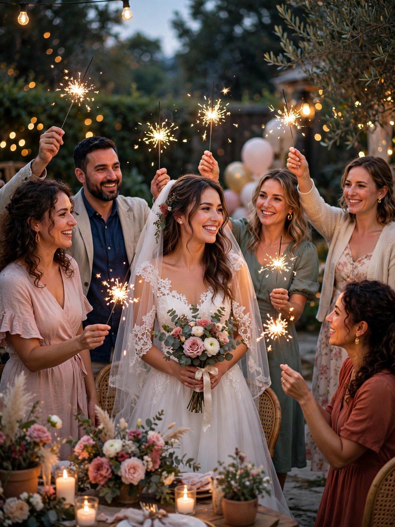 Bridal shower send-off finale with guests waving sparklers around bride