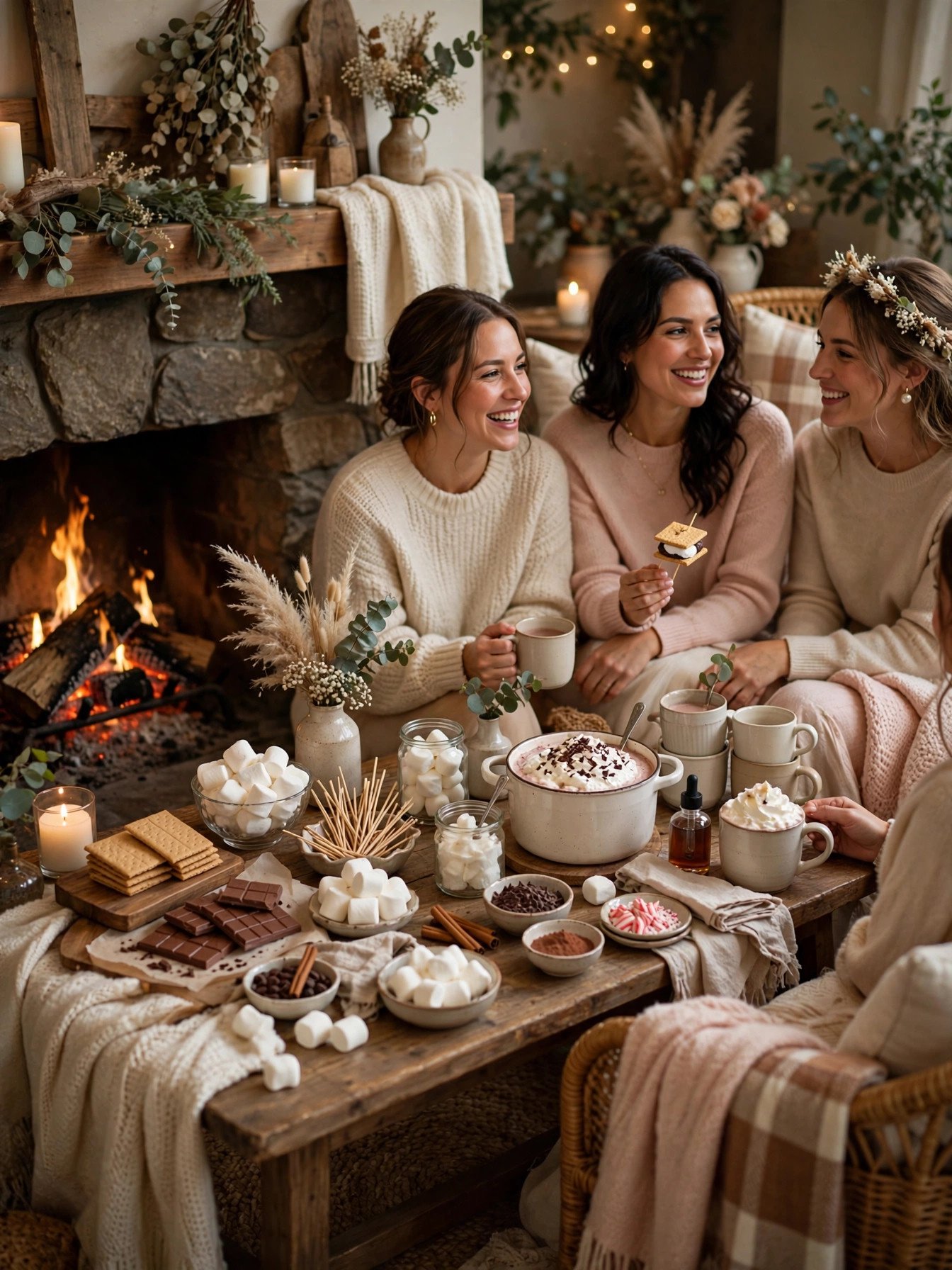 Cozy fireside bridal shower with s'mores and hot cocoa bar
