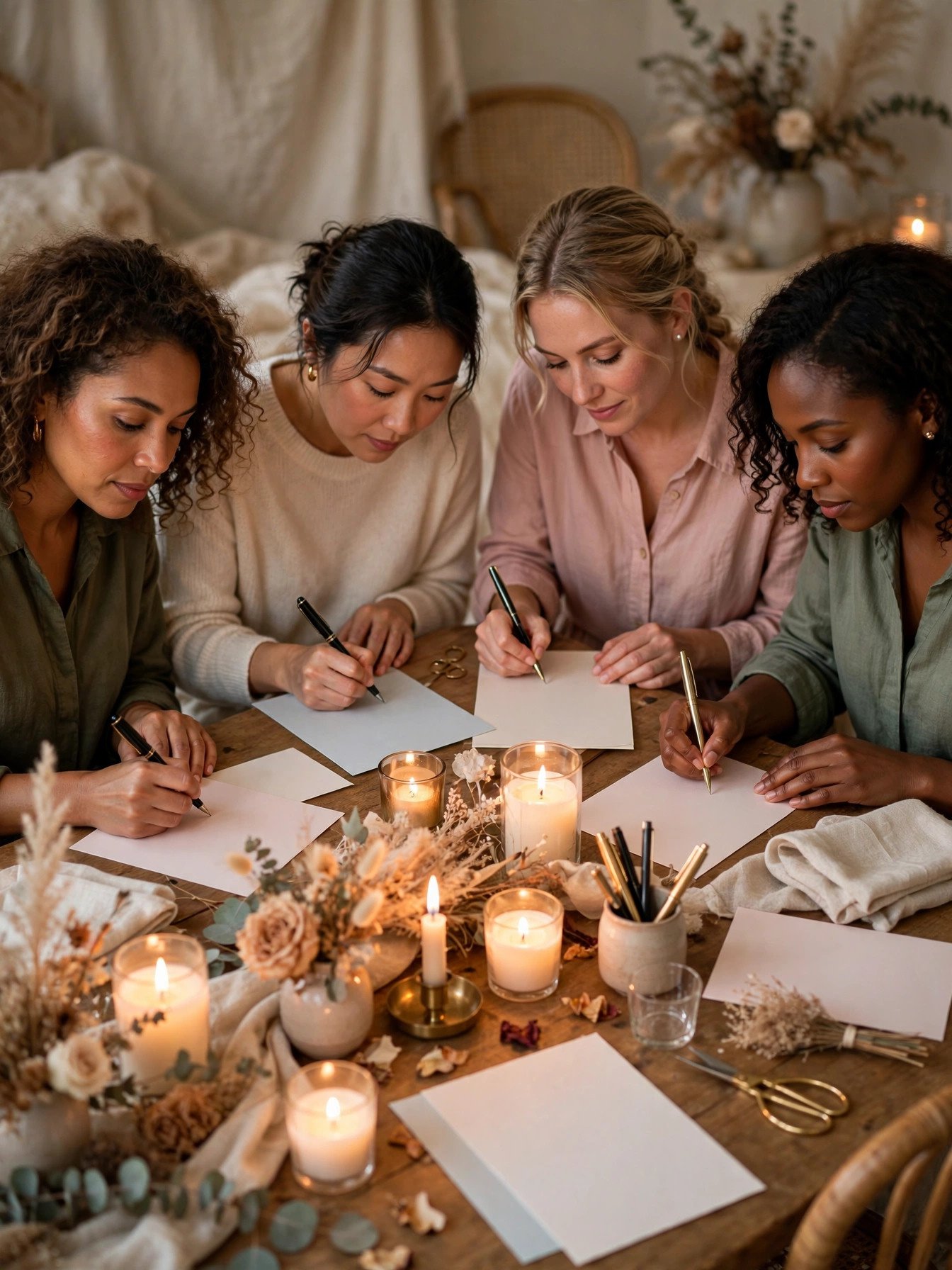 Candlelit letter writing circle at intimate bridal shower
