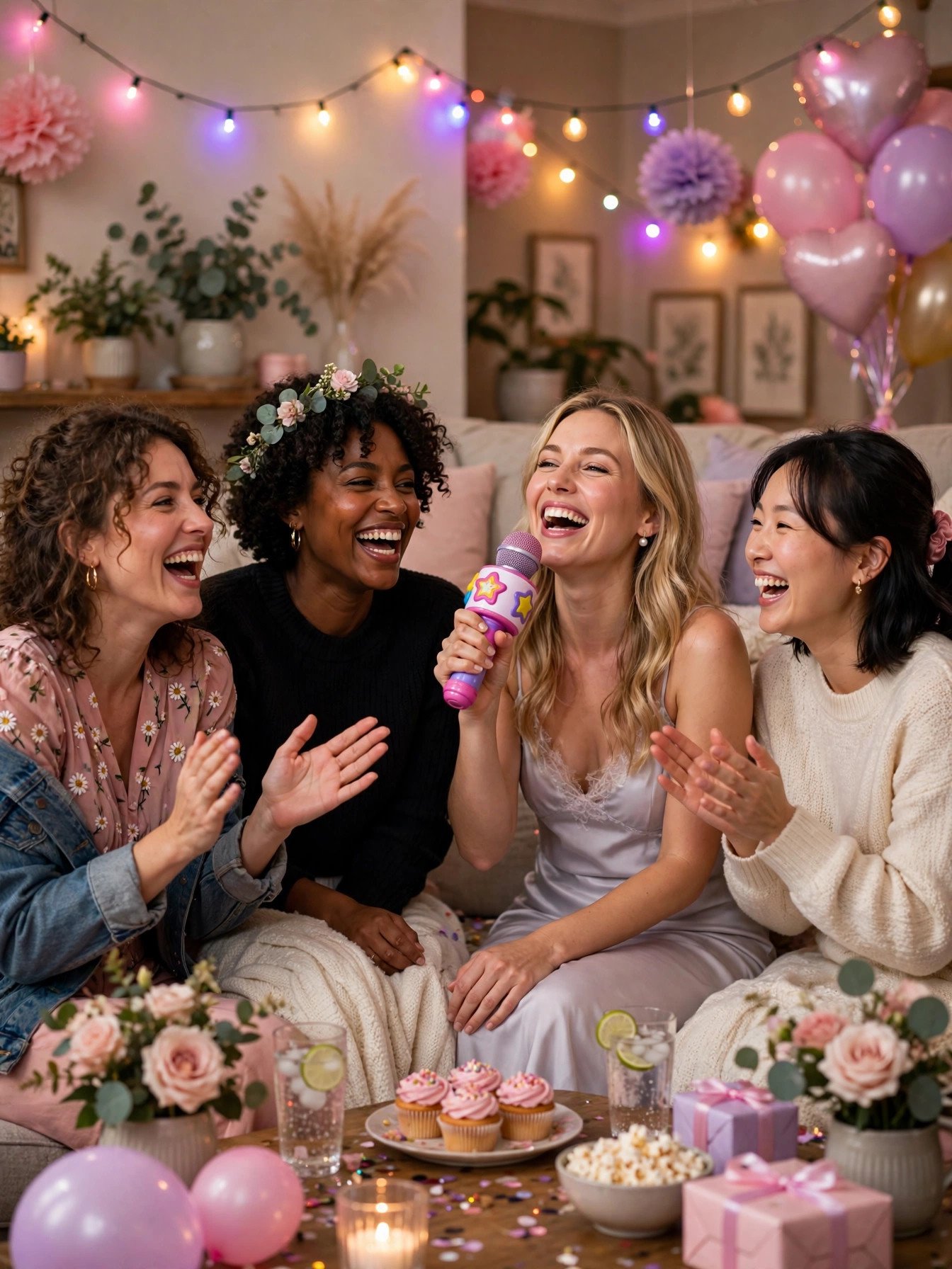 Living room karaoke party at bridal shower with friends singing