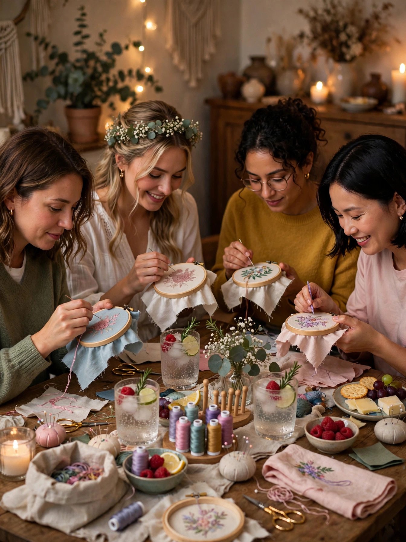 Friends doing embroidery crafts together at cozy bridal shower