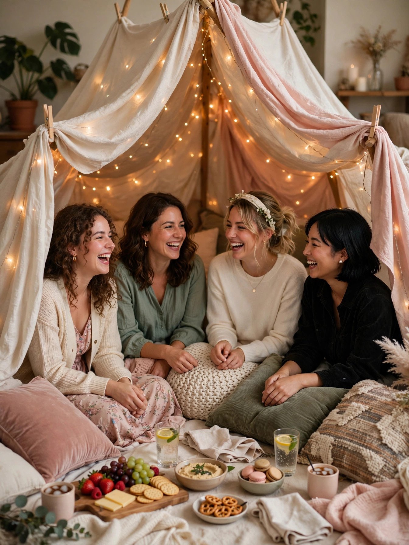 Blanket fort lounge at bridal shower with fairy lights and pillows