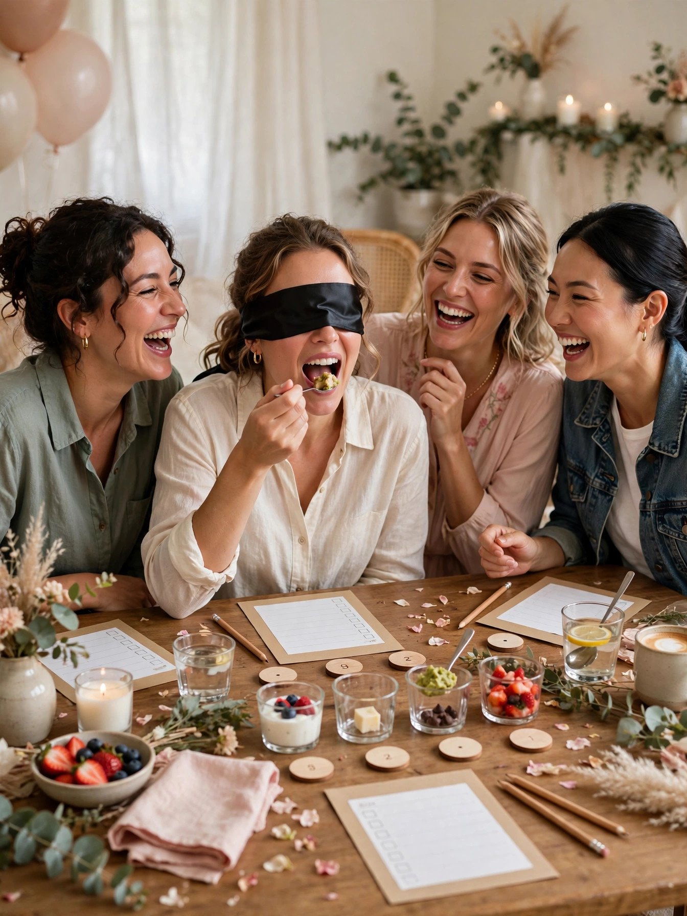 Blind taste test party at bridal shower with numbered food samples