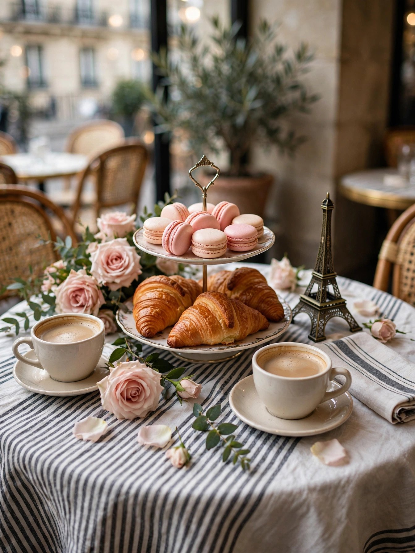 Parisian café style bridal shower with Eiffel tower decor, croissants and flowers