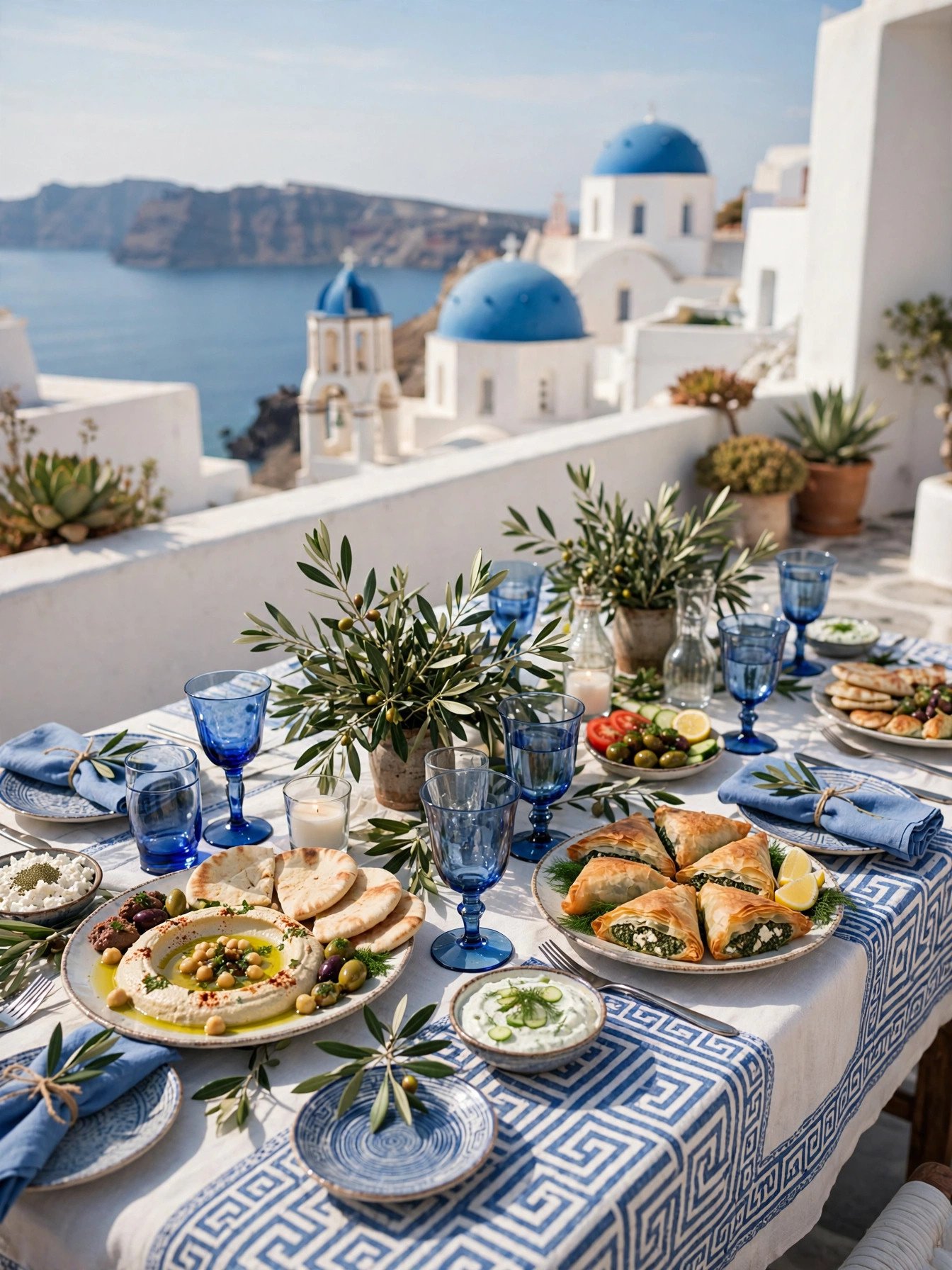Greek island bridal shower with blue and white decor, olives and ocean vibes