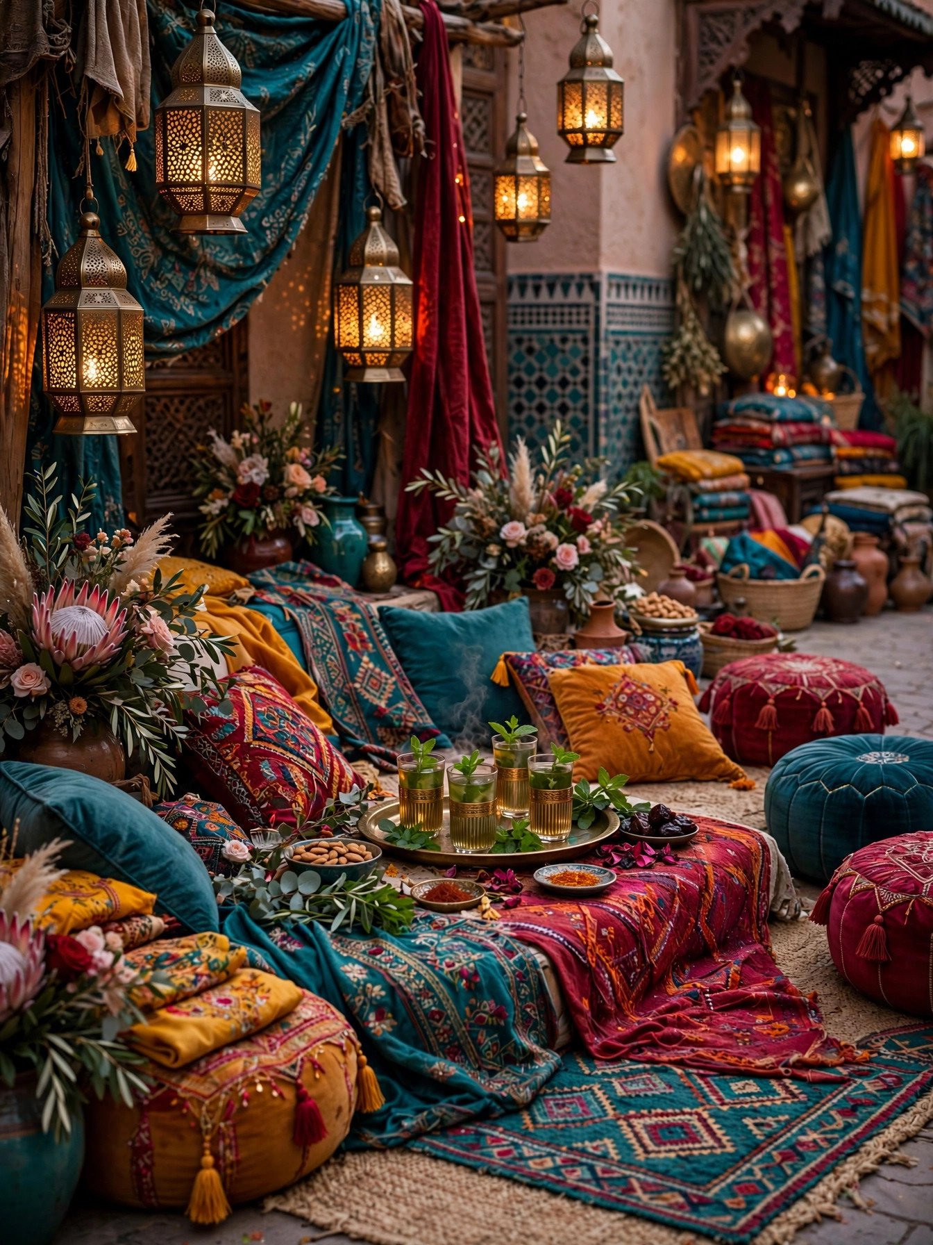 Moroccan souk bridal shower with lanterns, rich textiles and low lounge seating
