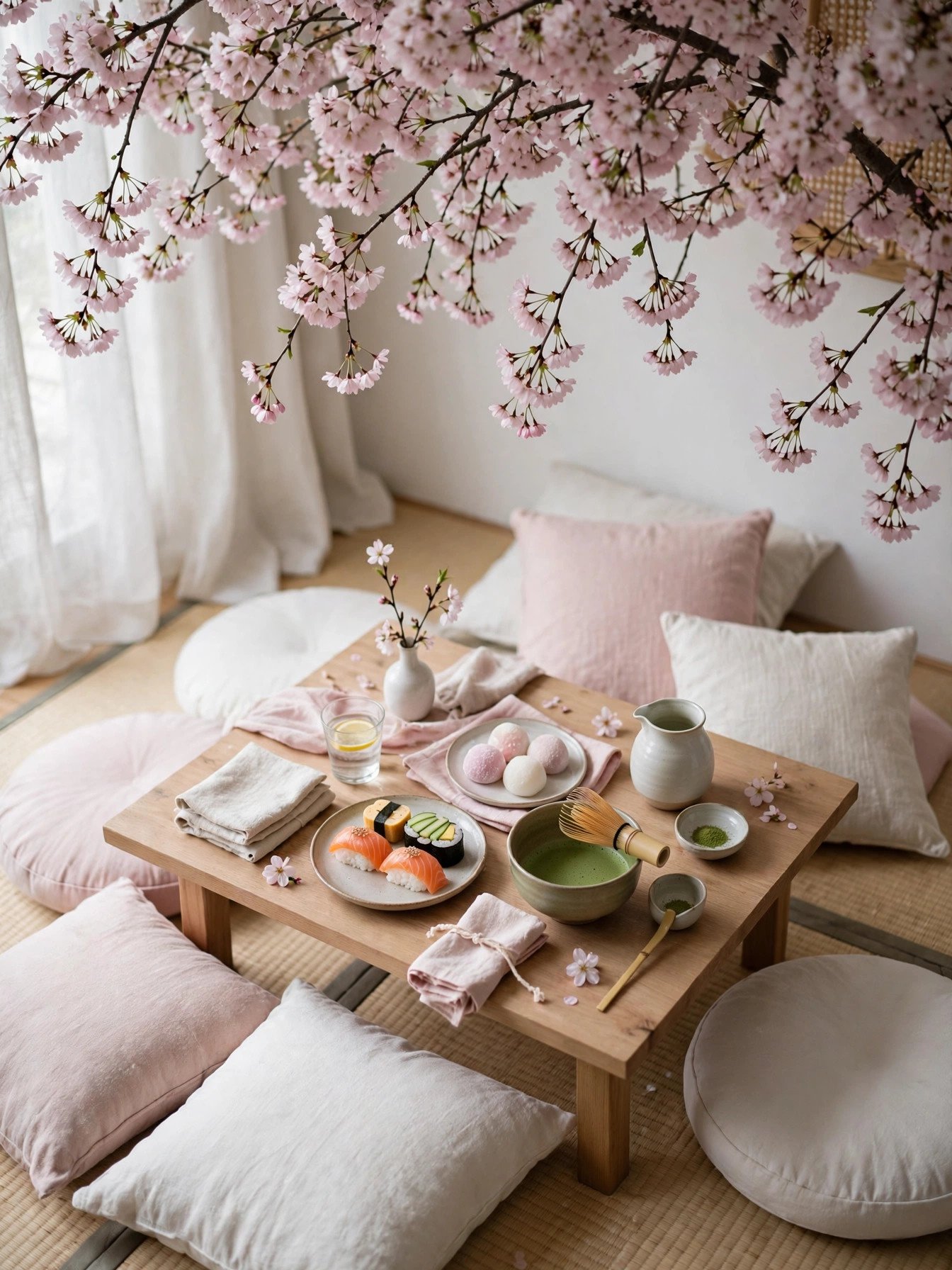 Japanese cherry blossom bridal shower with pink blooms, low tables and elegant minimalism