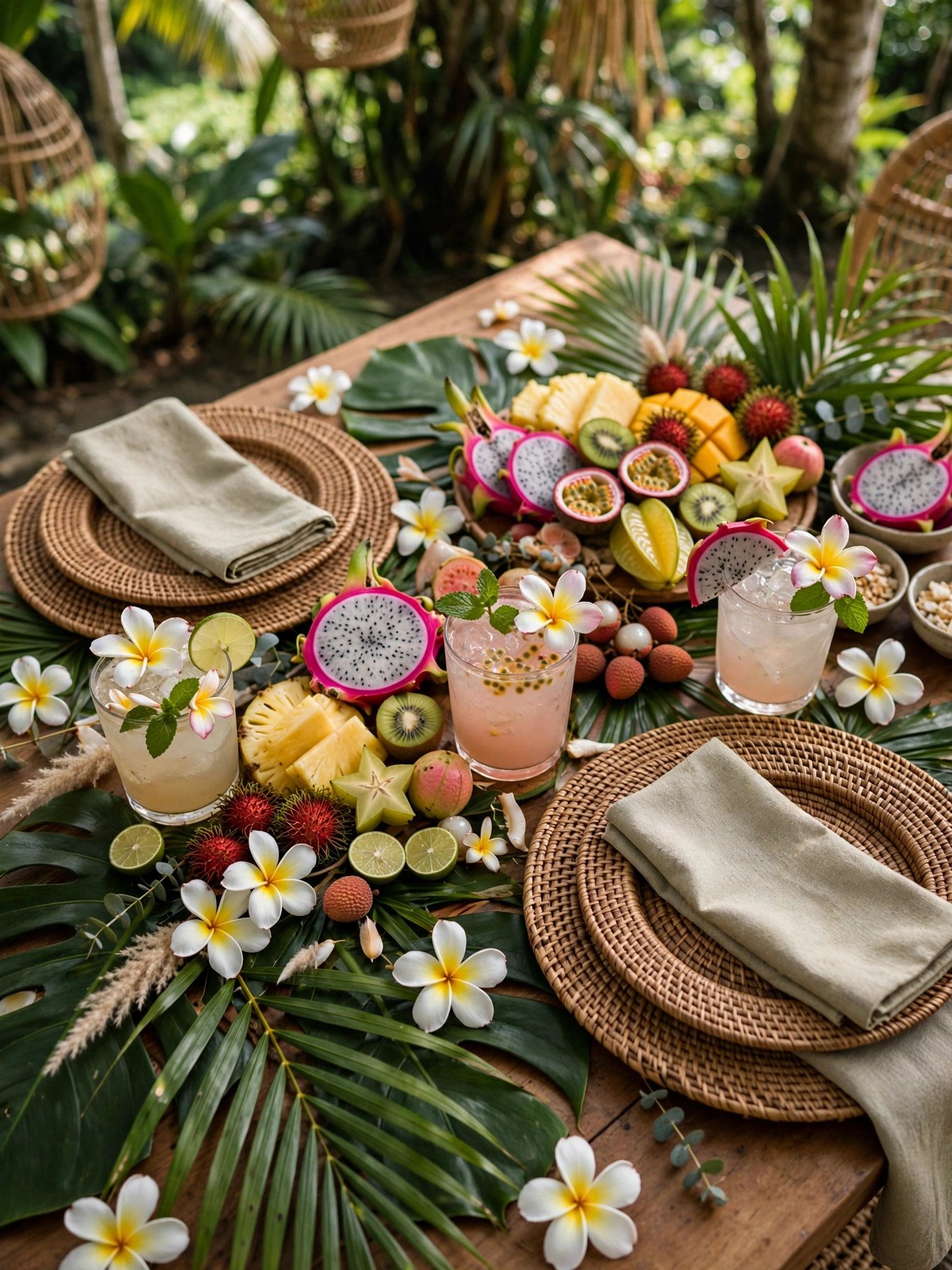 Tropical Bali bridal shower with frangipani flowers, rattan and lush greenery
