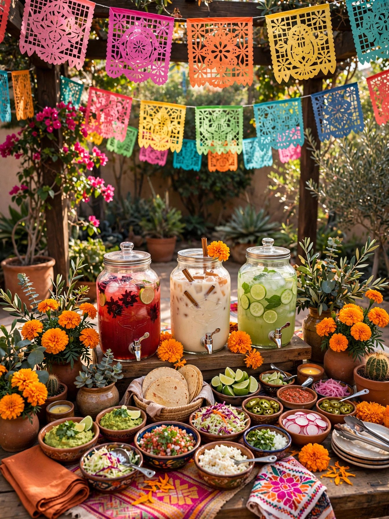 Colorful Mexican fiesta bridal shower with papel picado, tacos and vibrant flowers