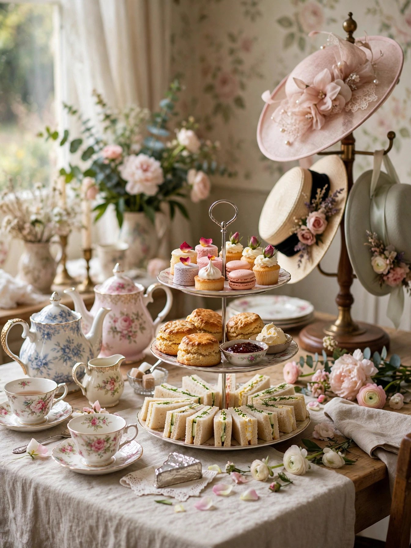 British afternoon tea bridal shower with tiered trays, teapots and elegant hats