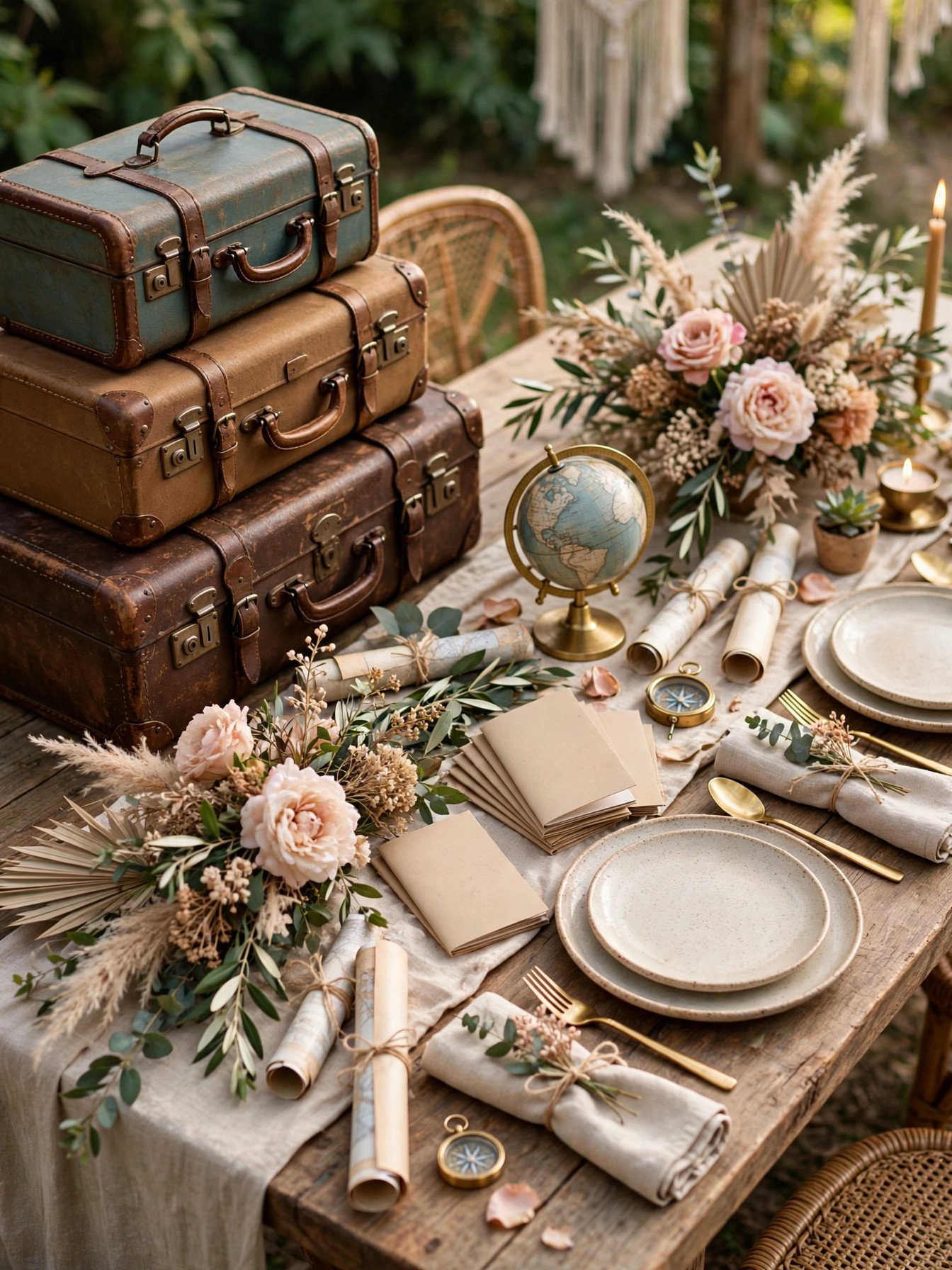 Travel-themed bridal shower table with vintage suitcases, globe and maps