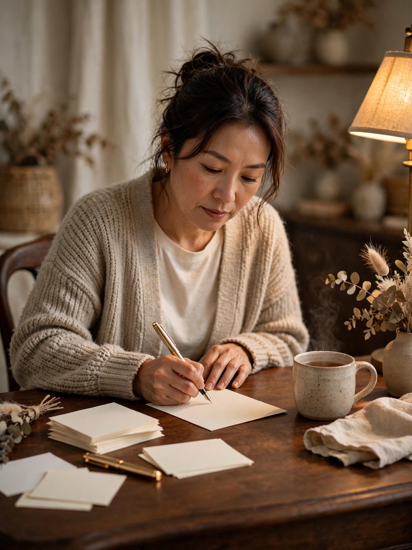 Mother writing wedding speech notes at elegant desk