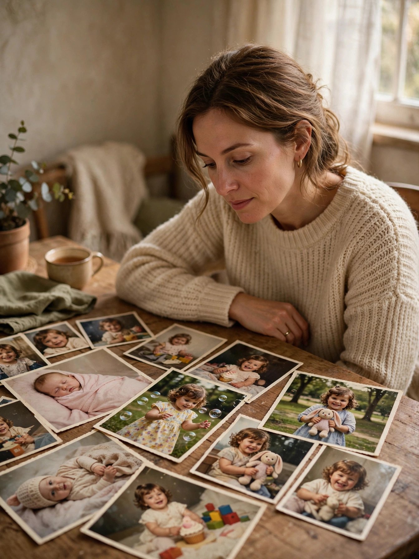 Mother remembering daughter's childhood with nostalgic family photos