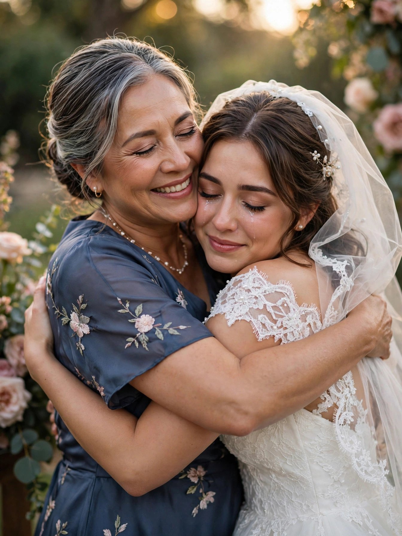 Proud mother embracing her beautiful bride daughter on wedding day